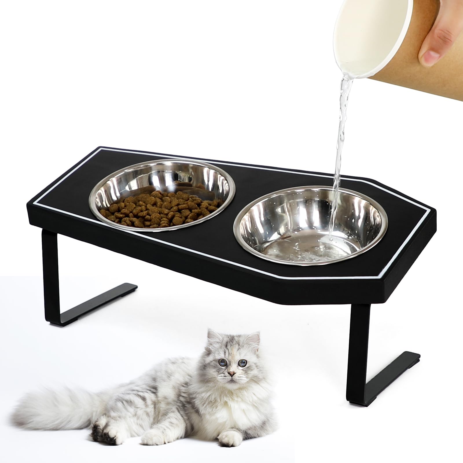 OPELETNNT Cat Food Bowls Elevated, Gothic Cat Bowls, Raised Cat Bowls for Indoor Cats with Non-Slip Stand & Bamboo Board, Stainless Steel and Whisker Friendly Food Bowls