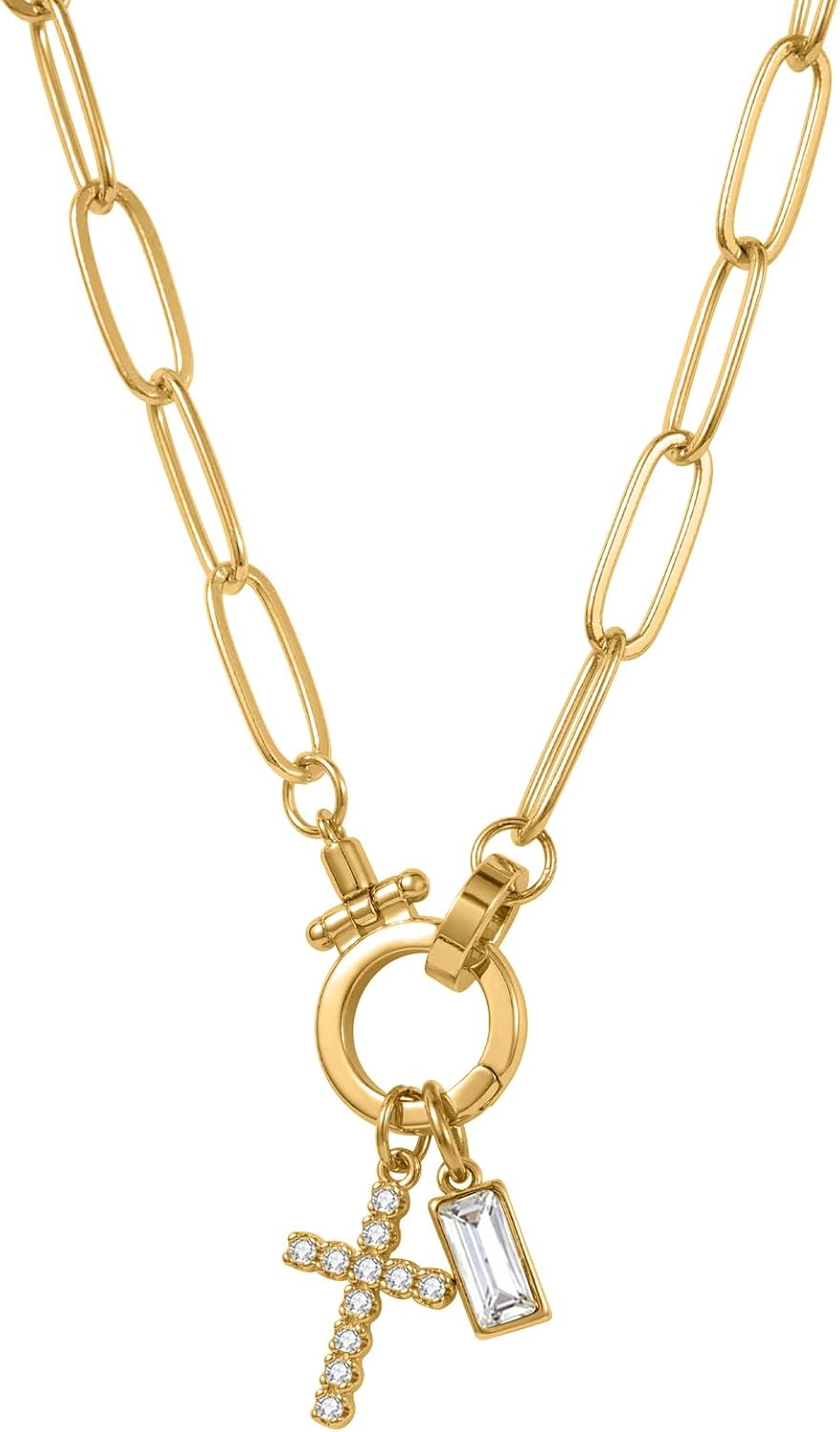 Paperclip Birthstone Cross Charm Necklace for Women, Gold Plated Dainty Layered Chain, Personalized Initial Gift, Christian Jewelry, Faith Cross Pendant, Birthday Anniversary Mother's Day Gift