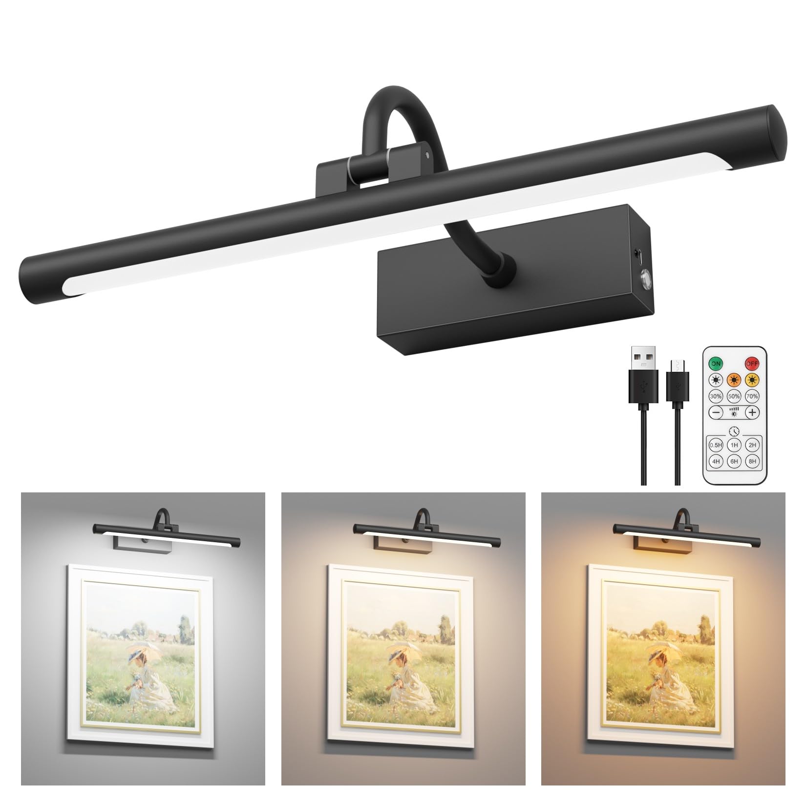 Aipsun 15.7" Black Picture Lights for Wall Rechargeable,10000mAh Battery Operated Art Light for Paintings,3CCT Dimmable, Rotatable Gallery Light for Pictures Display