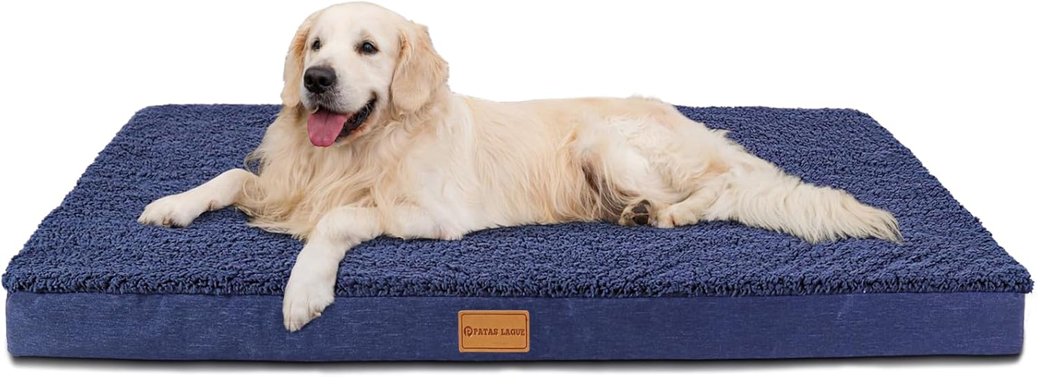 Patas Lague Orthopedic XL Dog Bed Large Sized Dog 48''X30'', Soft Waterproof Egg Crate Foam Large Pet Crate Beds Mat with Removable Washable Cover and Non-Slip Bottom, Navy Blue