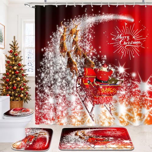 Christmas Bathroom Sets with Shower Curtain and Rugs 4 Pcs, Xmas Bathroom Decor Sets, Christmas Shower Curtain Set with Rugs(Bath Mat,U Shape,Toilet Lid Cover) and Hooks, Xmas Reindeer Sleigh