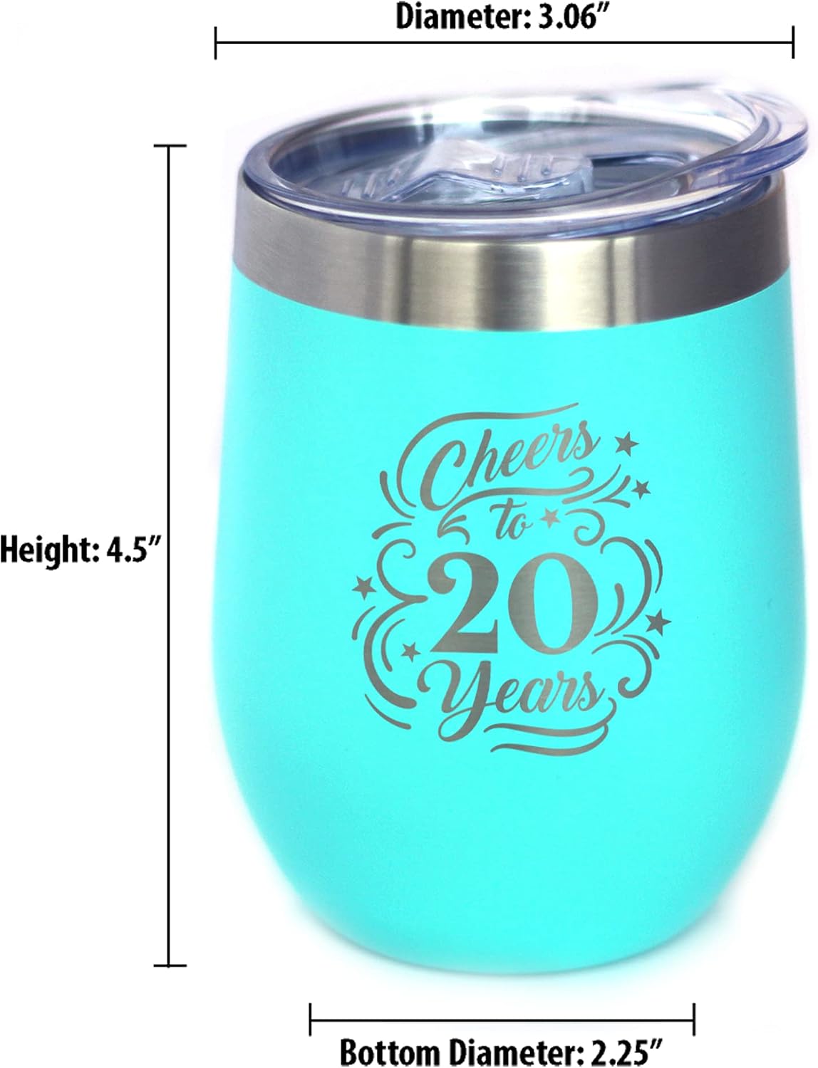Bevvee Cheers to 20 Years - Wine Tumbler Glass with Sliding Lid - Stainless Steel Insulated Mug - Gift for 20th Anniversary - Teal