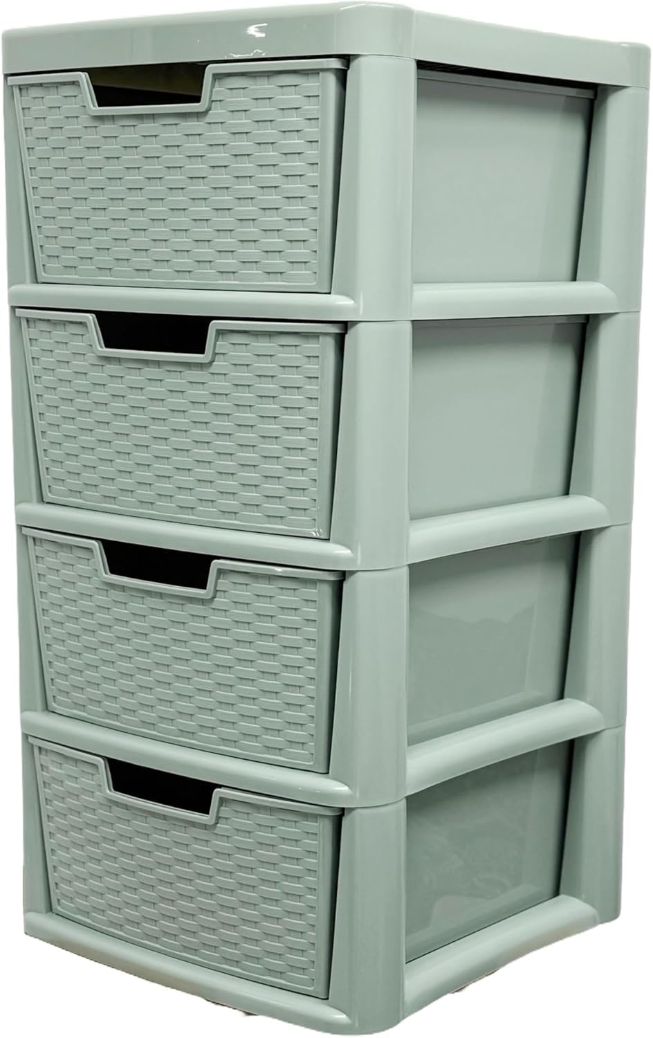 KYY'Z - Large Plastic Rattan Storage Drawers Unit with Deep Pull-Out Baskets - Durable Multipurpose Cabinet Organizer for Home Office, Bedroom, Bathroom, Garage, Utility Room (Sage Green, 4 Tier)