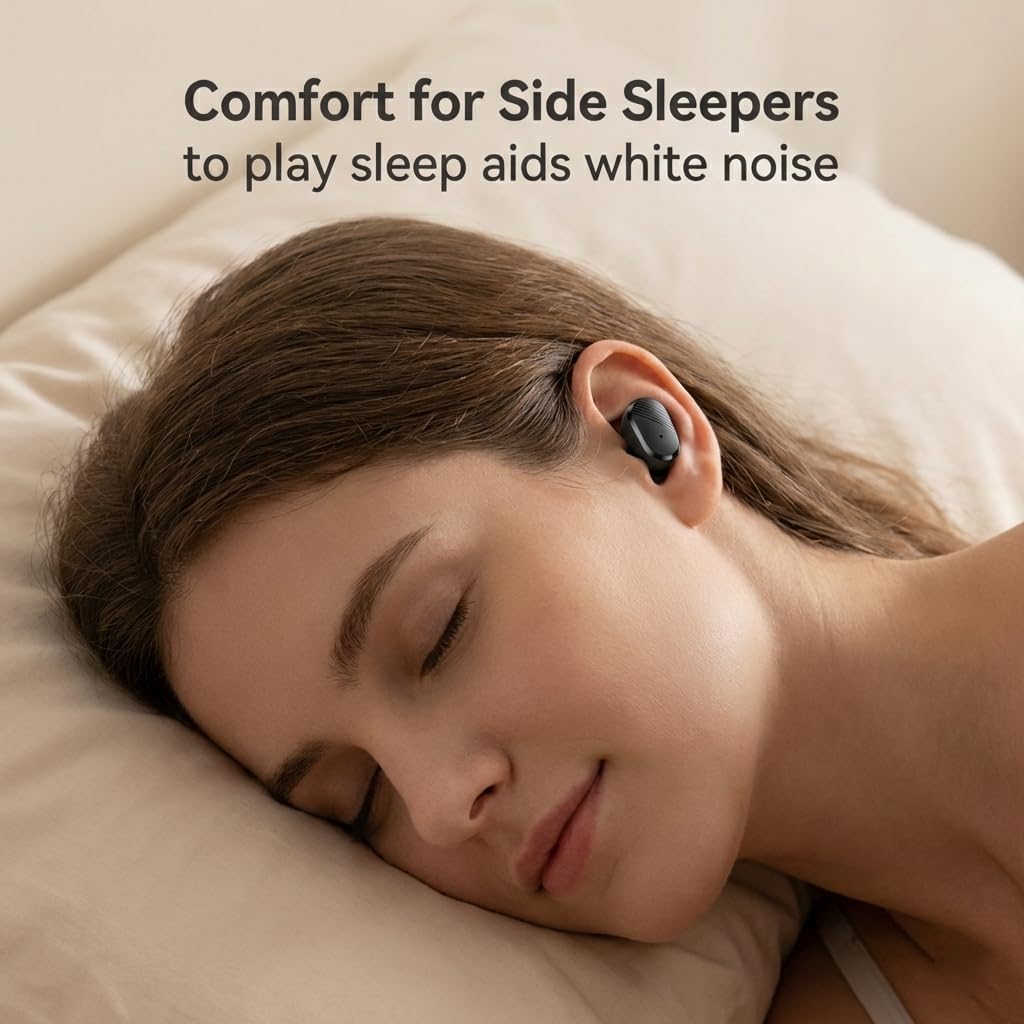 Person sleeping on their side wearing an NVAHVA A68 earbud, highlighting comfort for side sleepers