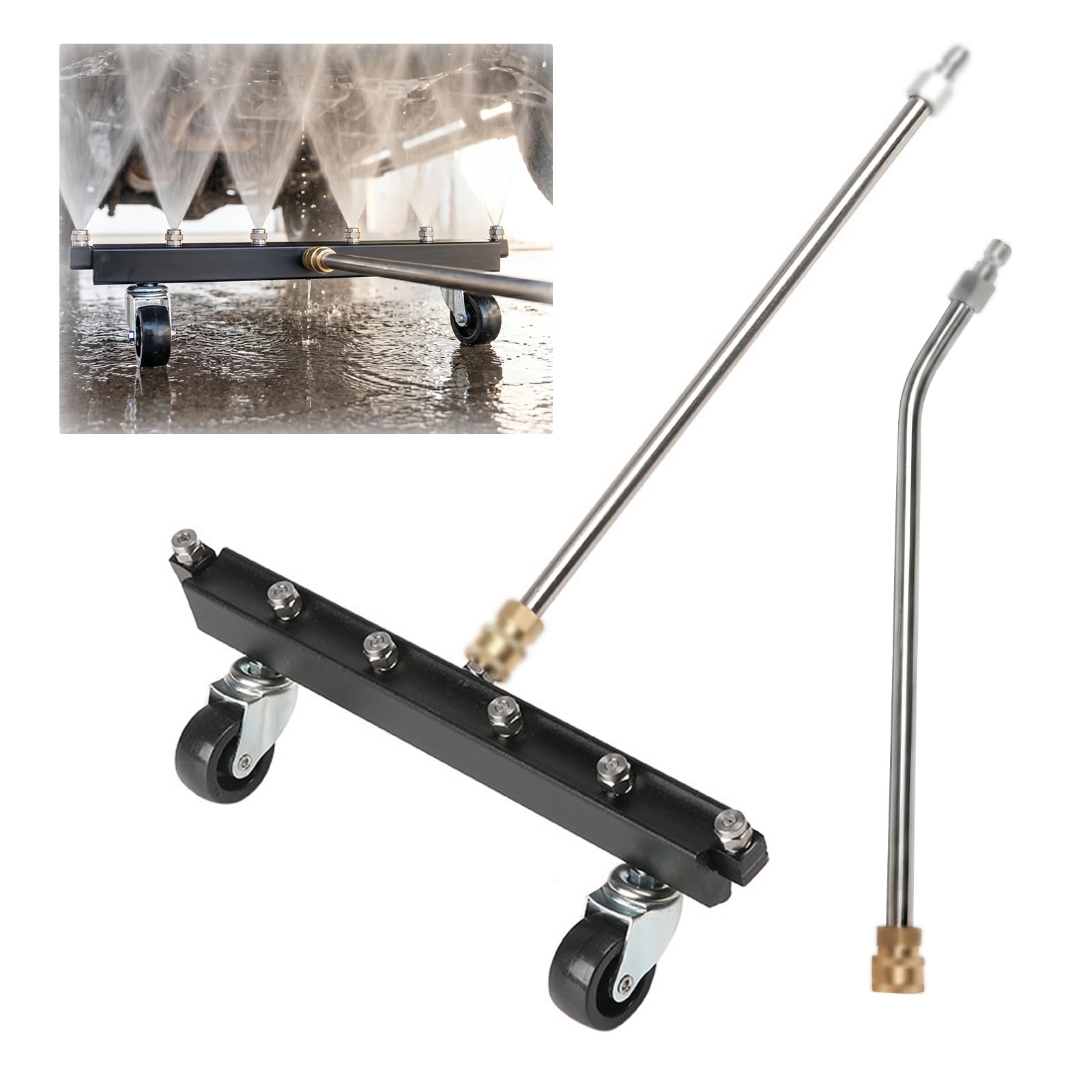 Under Car Pressure Washer, Undercarriage Cleaner 1/4" Quick Connect Fitting, Equipped with a 6-hole nozzle,with Swivel Wheel and 2 Extension Wand,1600 PSI to 4000 PSI (Black)