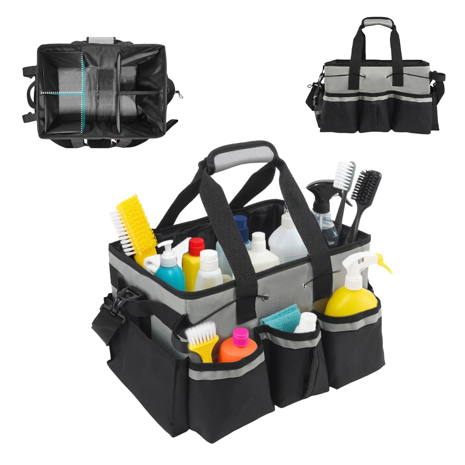 Grande contenitore per la pulizia con manico, organizer multifunzionale per la pulizia, organizer per attrezzi con divisori staccabili, tracolla regolabile per casa, auto, giardino, accessori