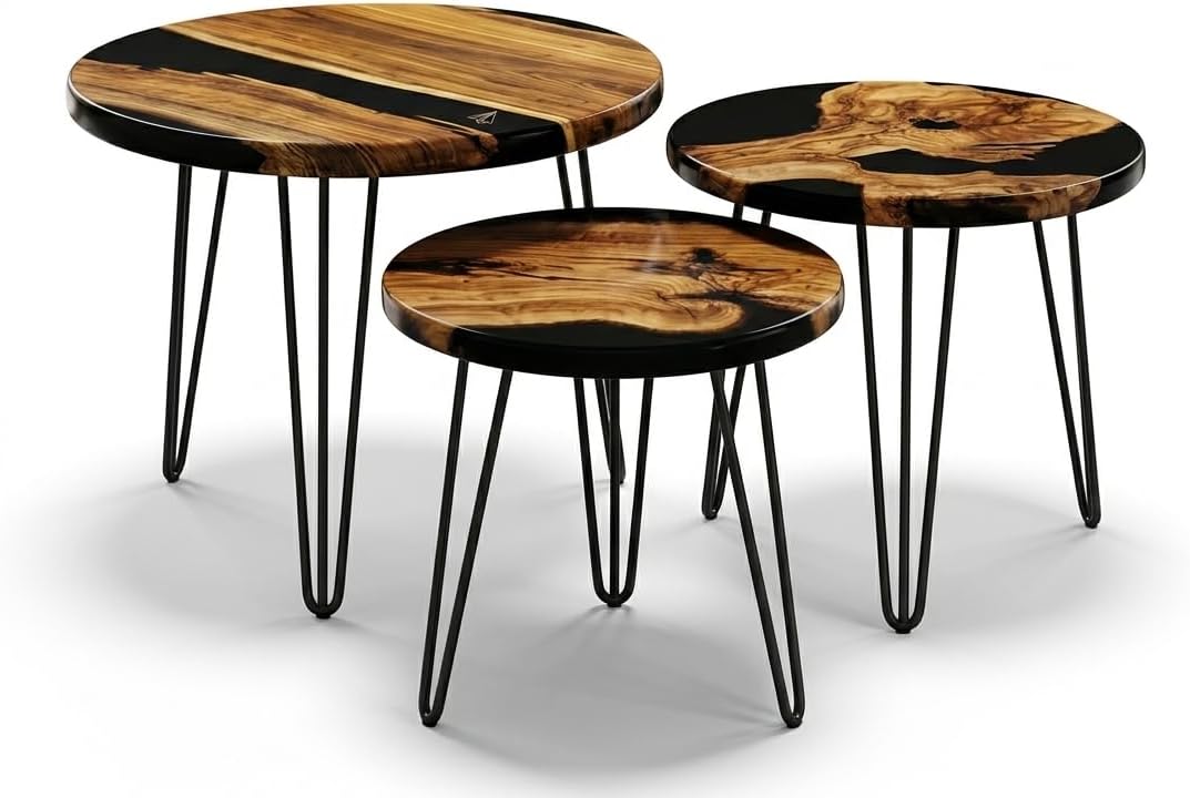 Handcrafted Olive Wood and Walnut Nesting Tables with Resin Inlay, Round Tops, Hairpin Legs, Set of 3 (Green, Olive)