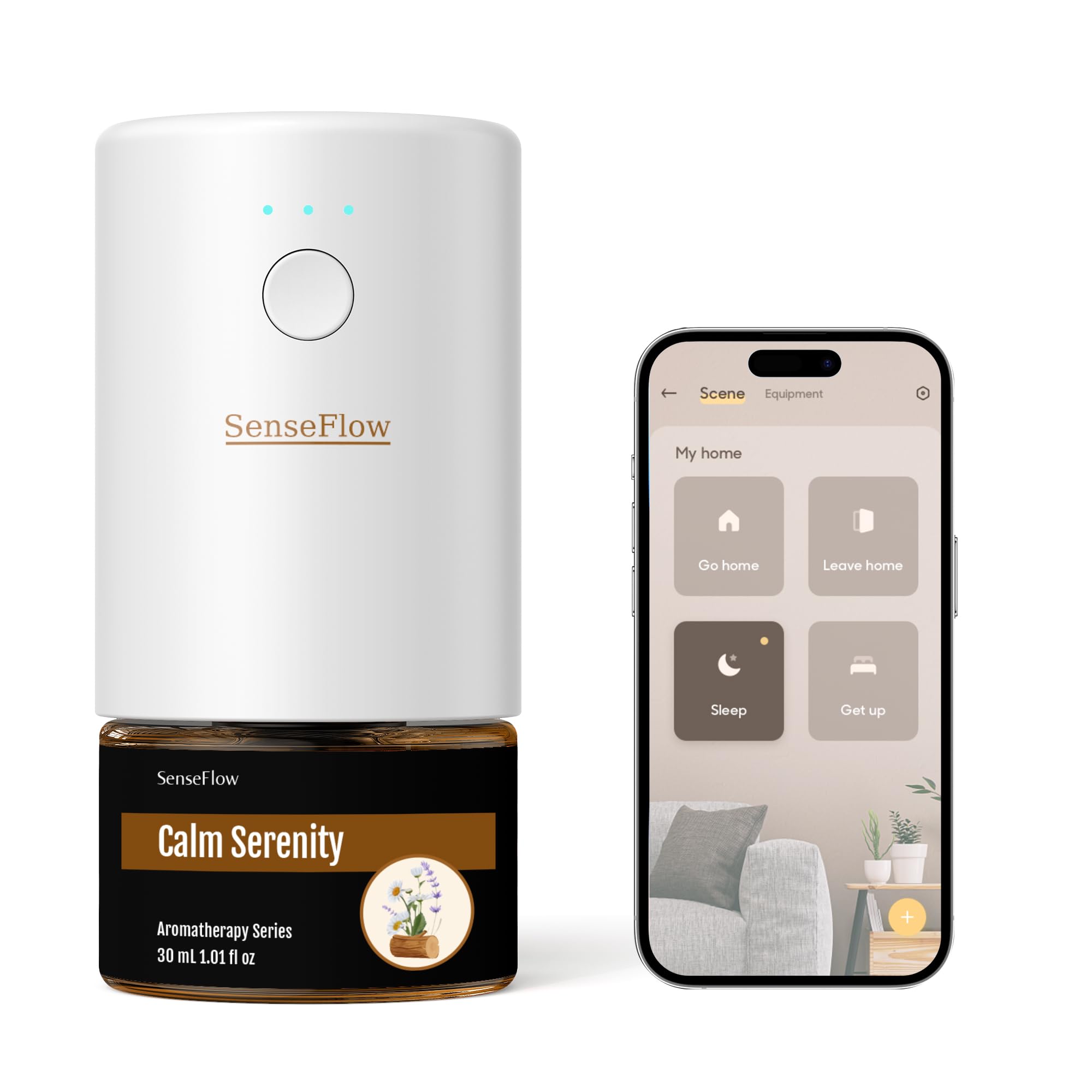 SenseFlowEssential Oil Diffuser Waterless Ultrasonic Smart Wi-Fi SF101S - 100% Plant-Based, LED Light, Adjustable Modes, 100㎡ Covers, 120-Day Scent - Air Freshener & Aromatherapy - Calm Serenity