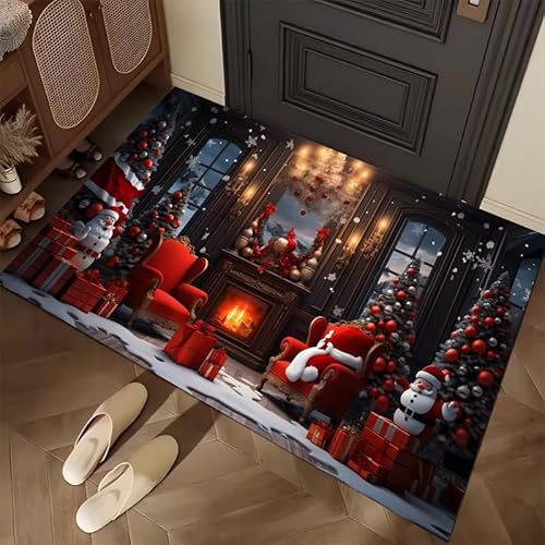 Teppich Rot Silber Weihnachten Fußmatte Polyester Outdoor Teppich Wohnzimmer rutschfest Fussmatte Aussen Verdicken Schmutzfangmatte Waschbar Fußmatte Außen Fussmatten Haustür 50x80cm