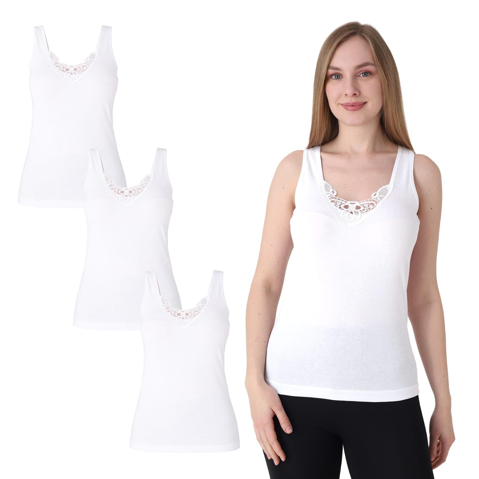 UNDERA, canottiera intima da donna, confezione da 3, 100% cotone con pizzo, morbida e traspirante, con scollo femminile, per tutti i giorni, il tempo libero e la casa