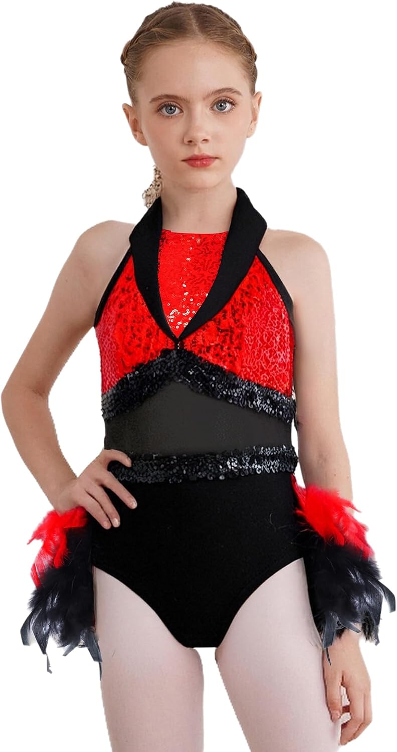 Shinsto Kids Girls Latin Jazz Dance Dress Sleeveless Sequin Feather Leotard Figure Ice Skating Dancewear