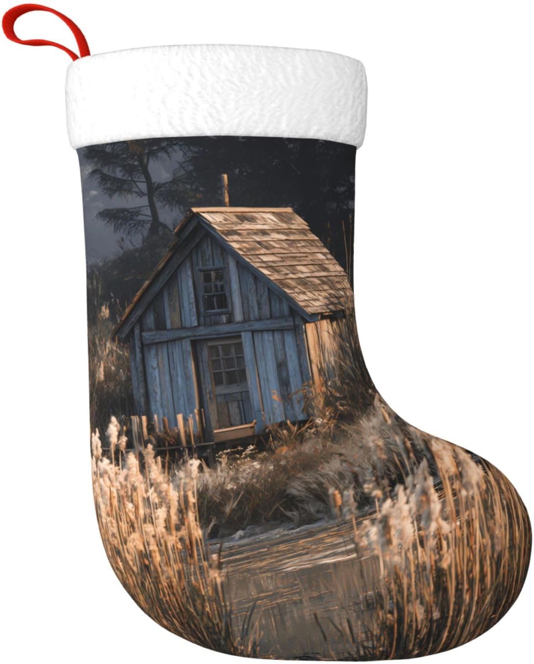 Calzini decorativi natalizi con piccola cabina accanto alle canne stampati, decorazione per la casa, morbidi e confortevoli, per ufficio, albero di Natale e caminetto