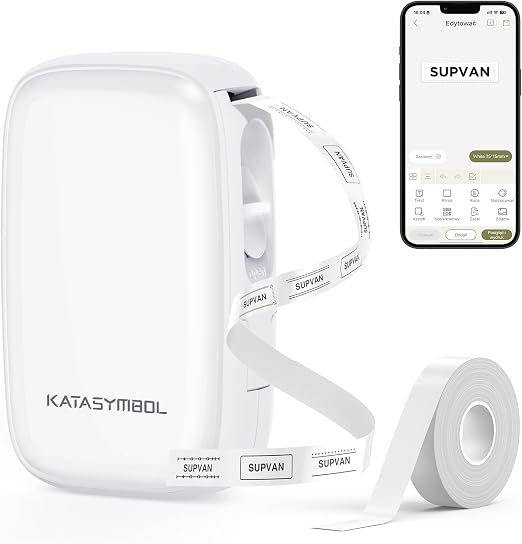 SUPVAN E16 Bluetooth Drukarka Etykiet z Taśmą do Etykiet, Biały | Aplikacja Z 660+ Ikonami, 50+ Ramkami I 30+ Czcionkami, Kompatybilna Z Androidem I iOS, Akumulator 1200 mAh, Do Biura, Szkoły