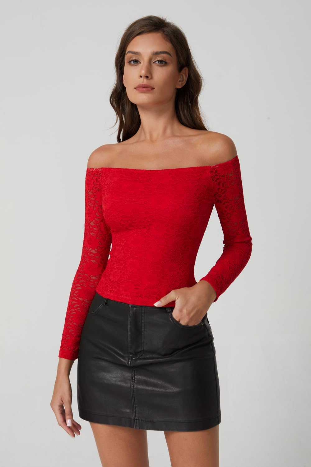 QINSEN Womens Lace Trim Off Shouder Top Long Sleeve Double Lined Y2k Trendy T Shirts - Image 2