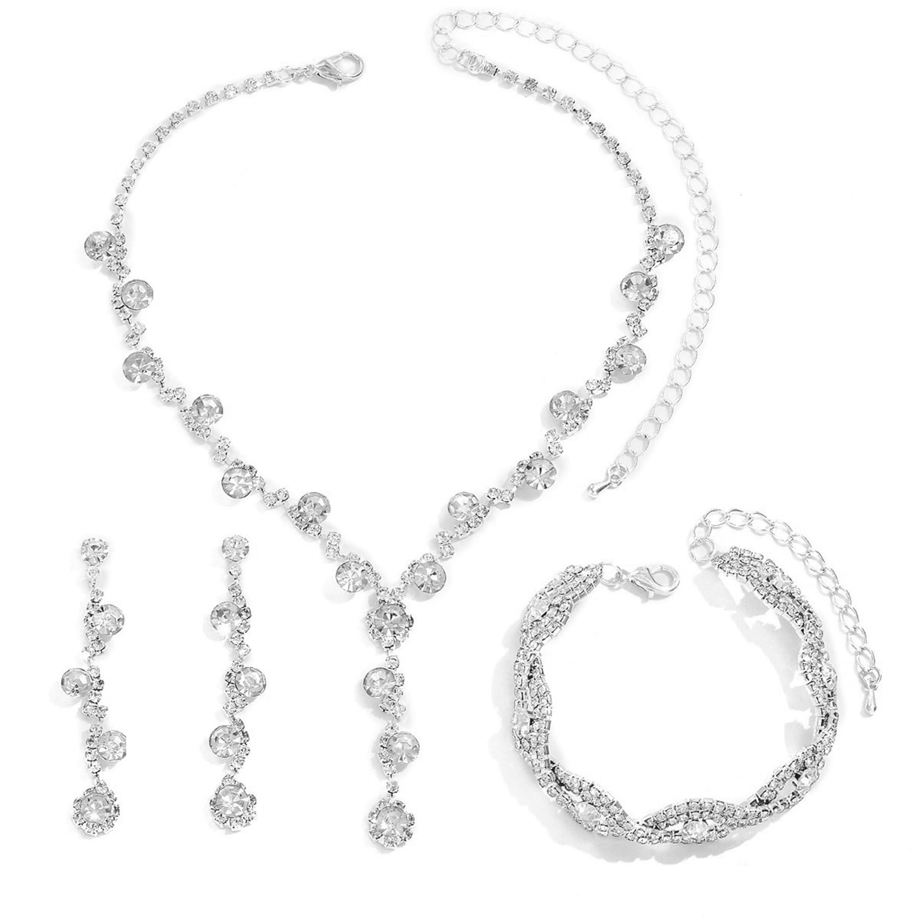 Bcenoilua Juegos de Joyas Mujer Conjunto de Joyería Nupcial con Cristales Brillantes y Diamantes de Imitación Collar Pendientes Pulsera Boda Dama de Honor Graduación joyería