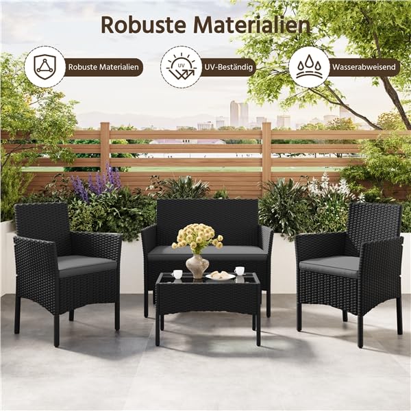 Yaheetech Rattan Gartenmöbel-Set, 4-teilig, Outdoor Lounge Möbel, Tisch, 2 Stühle, 2-Sitzer-Bank, mit Outdoor Kissen wetterfest, Terrassenmöbel, für Terrasse (Schwarz (Rattan) & Grau (Kissen))
