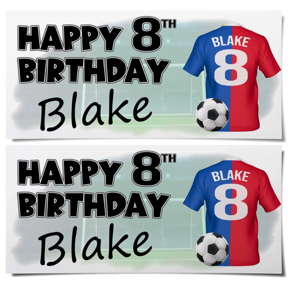 Personalised Football Birthday Banners – Blue and Red Colour Shirts with Any Name & Age/Number – Boys & Girls Party Decoration – Custom Birthday Supplies (Pack of 4)