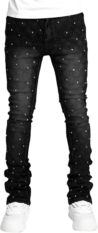 Jeans for Men Stretch Fit Skinny Stacked Rhinestone Jeans Slim Fit Printed Y2K Denim Pants Trousers Streetwear
