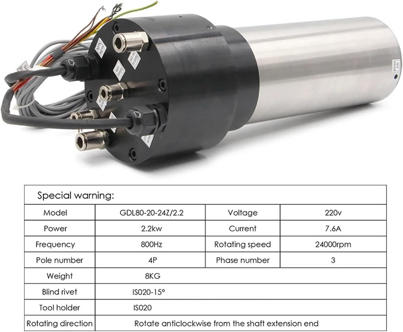 ! 2.2kw water-cooled spindle motor 220v speed 24000rpm 4 pole 800Hz blind rivet IS020-15°(24000rpm,380v)