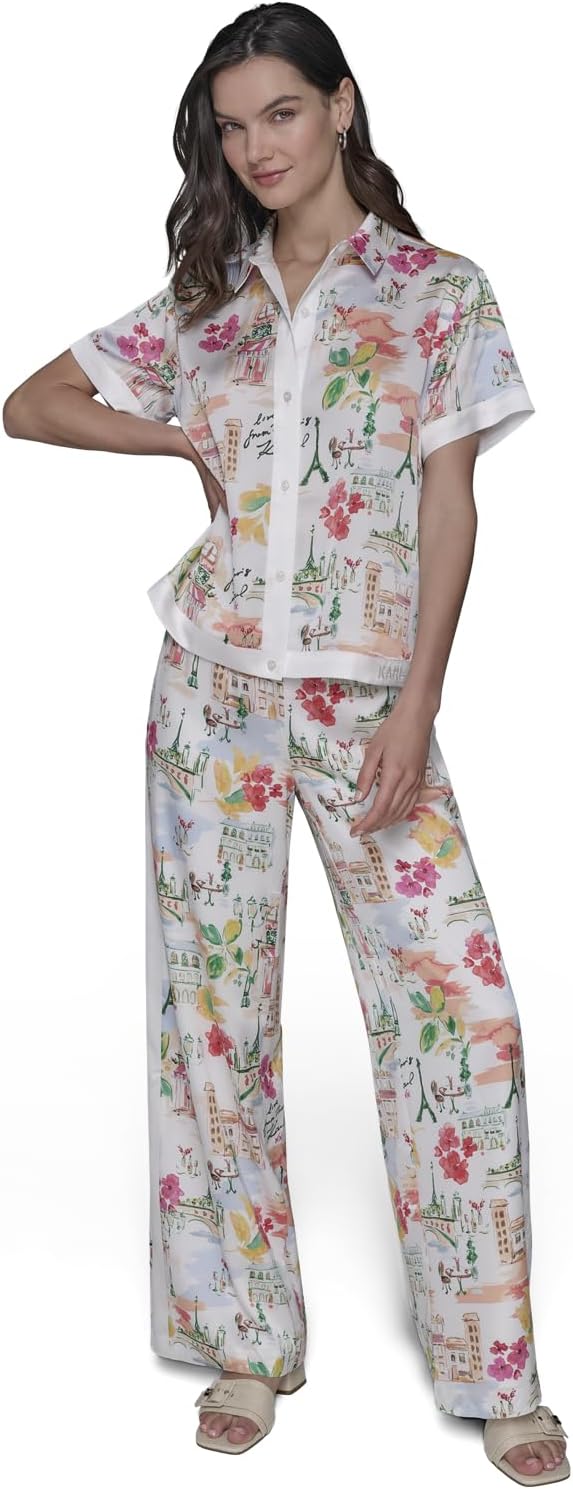 Karl Lagerfeld Womens Button Down Camp Shirt Bright Fun Print Blouse - Image 2