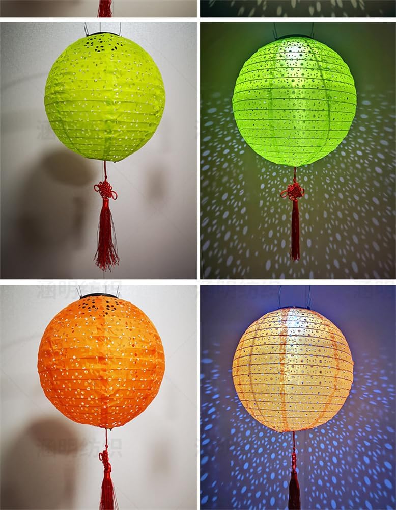 4-Pack Outdoor Japanese Style Round Solar Hollow Hanging Ball Lantern Waterproof Lanterns LED Light Atmosphere Lamp Garden Decoration PVC Cloth Cover (Orange)