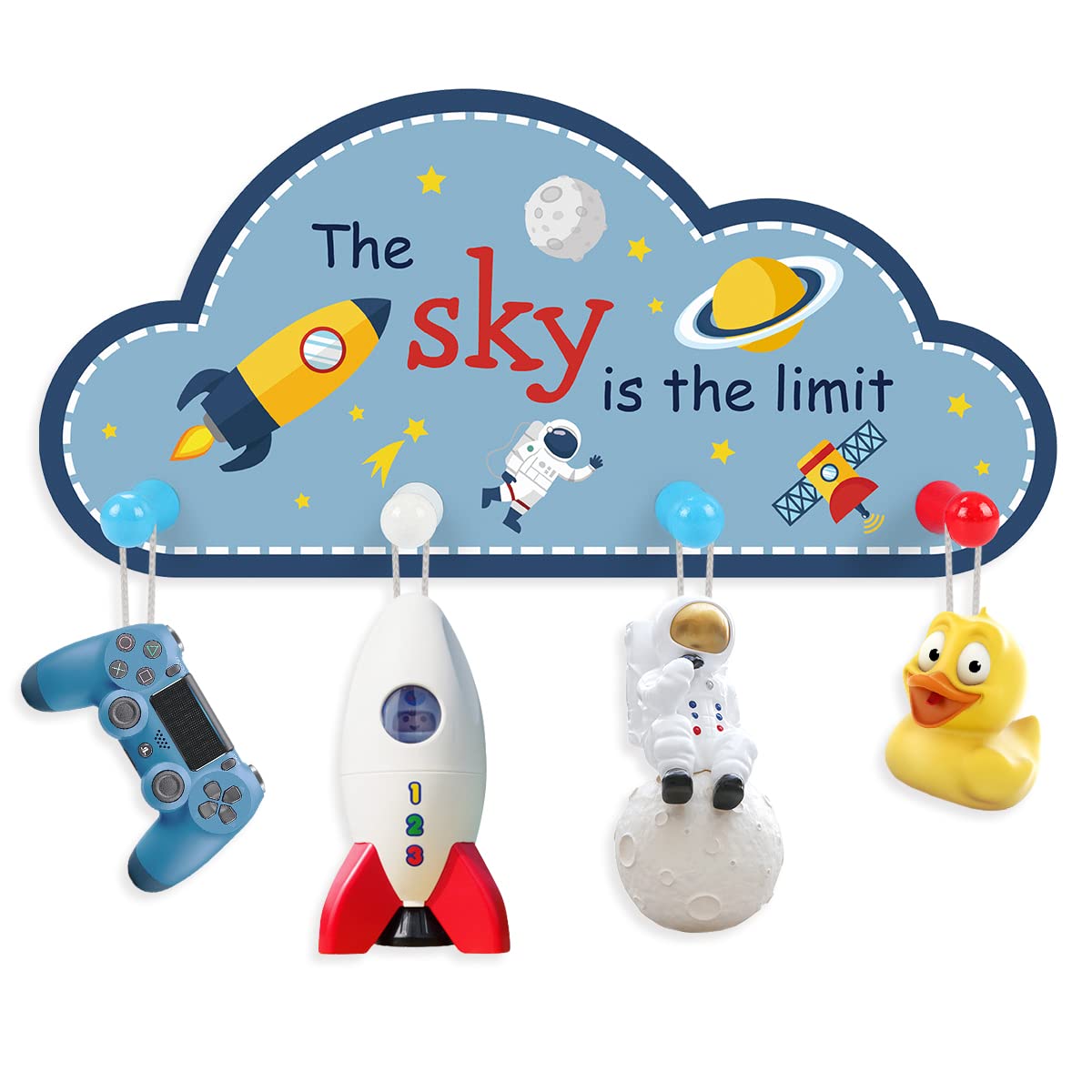 CHDITB Cute Outer Space Key Holder For Wall Decorative With 4 Key Hooks,The Sky is The Limit Wooden Wall-mounted Key Rack, New Home Gift Strong Wood Keys Hooks for Kids Room Playroom Hallway Decor