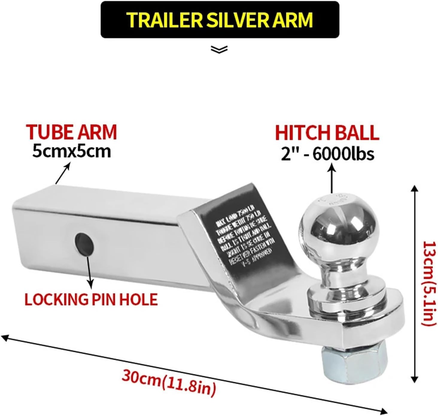 Trailer Arm 2inch 6000LBS Hitch Ball with Lock Pin Fixed 5cmx5cm Square Mouth Pipe Car Towing Accessories(Silvery)