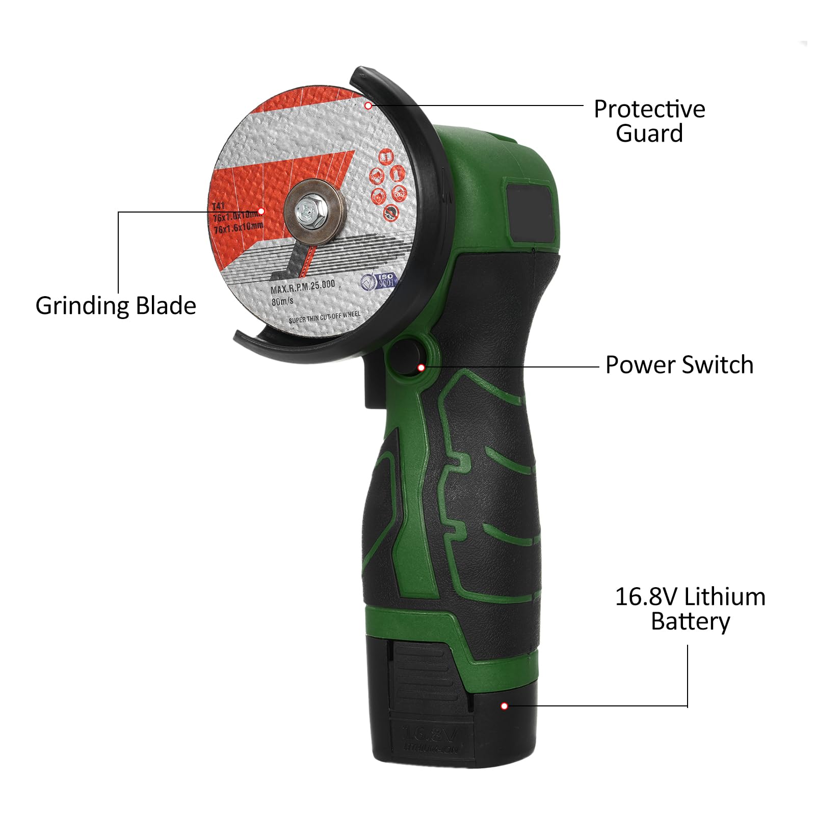 Smerigliatrice Angolare a Batteria 7000 Giri/min 16,8 V 76 Mm | Utensile per Molatura Elettrico, Alloggiamento in ABS, Batteria Al Litio da 16,8 V, Caricabatterie Rapido, Taglio di