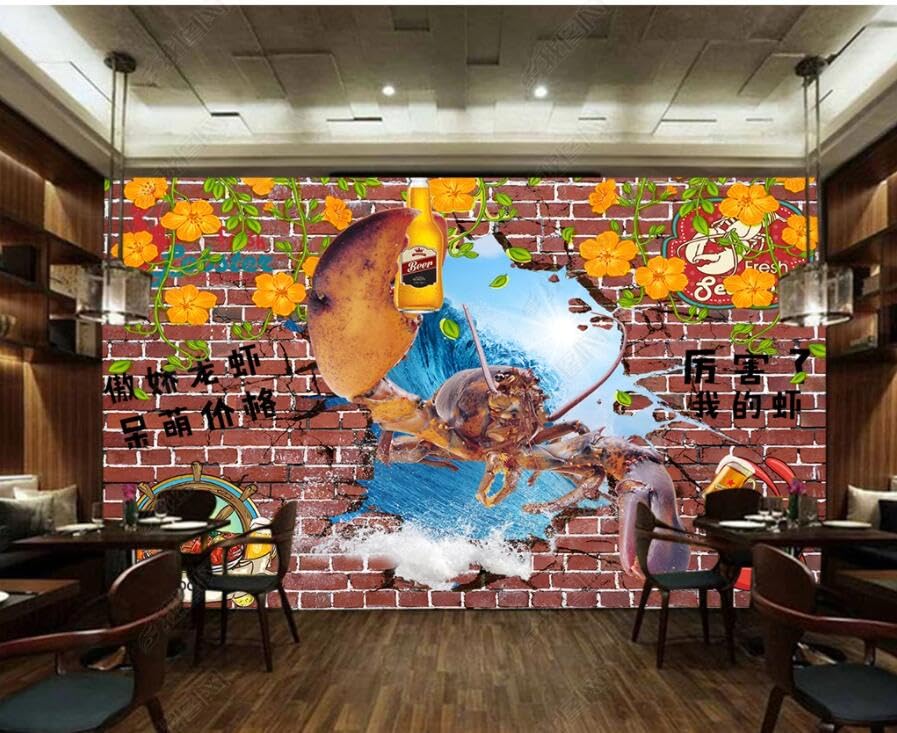Décor mural homard haut de gamme sur fond de briques anciennes pour salle de repas