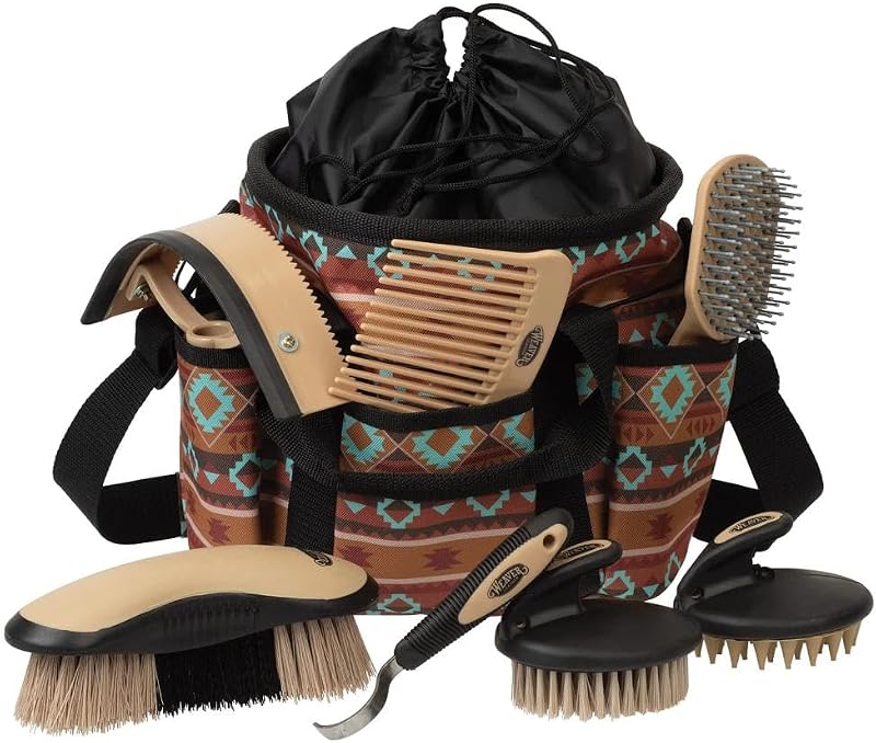 Weaver Equine Horse Grooming Kit, 7-Piece Horse Brush Set with Organizer Tote Bag, Hoof Pick, Comb, Sweat Scraper, Equine Tools for Daily Grooming, Lost Creek
