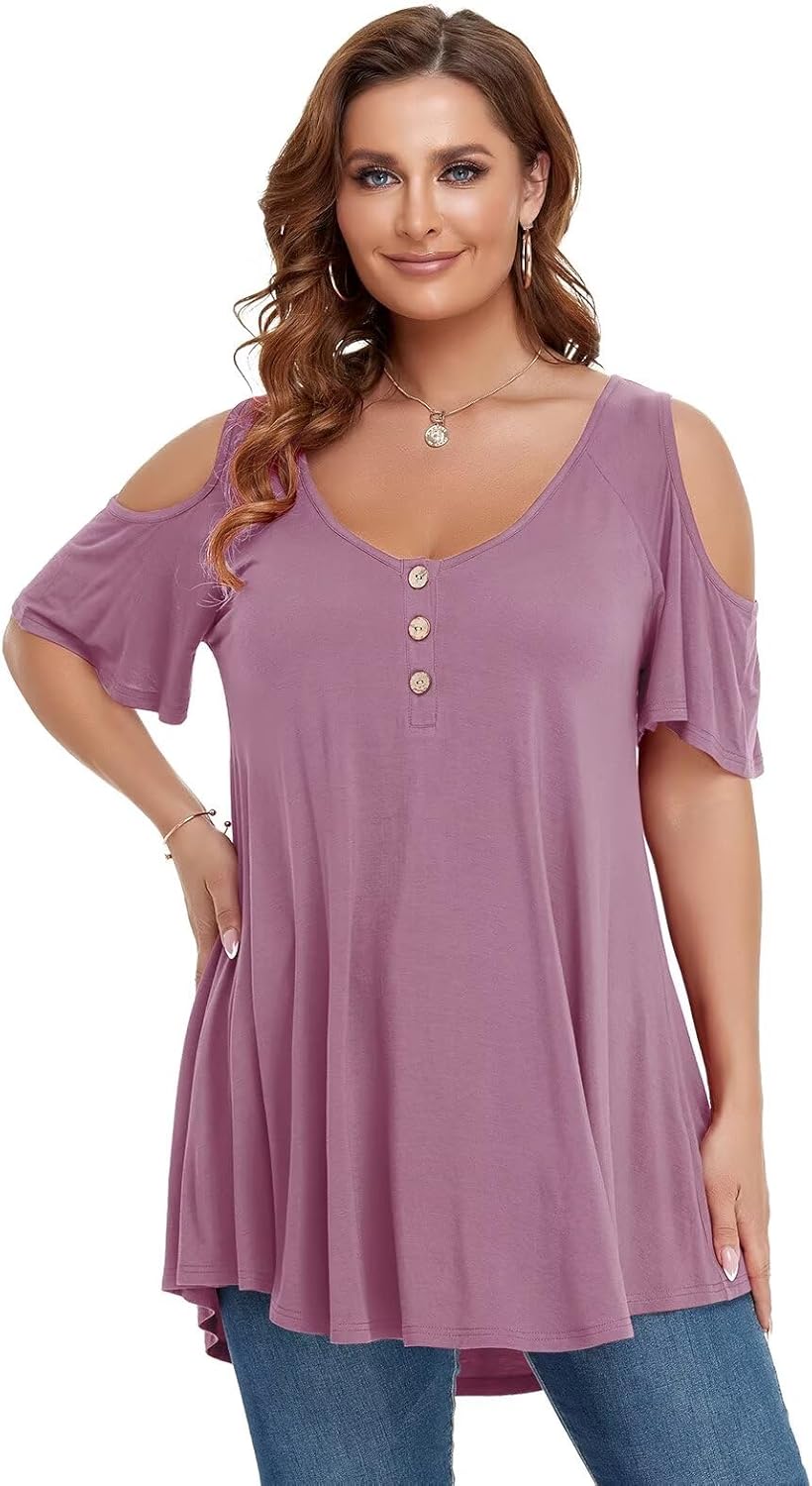 LARACE Cold Shoulder Tops for Women Plus Size V Neck T Shirts Short Sleeve Summer Clothes Button Up Tunic