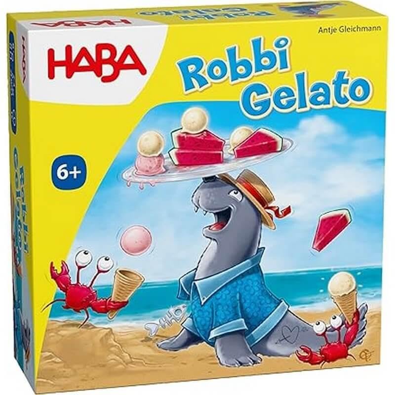 HABA Robbi Gelato game in progress, showing multiple ice cream scoops stacked on the seal's balancing tray.