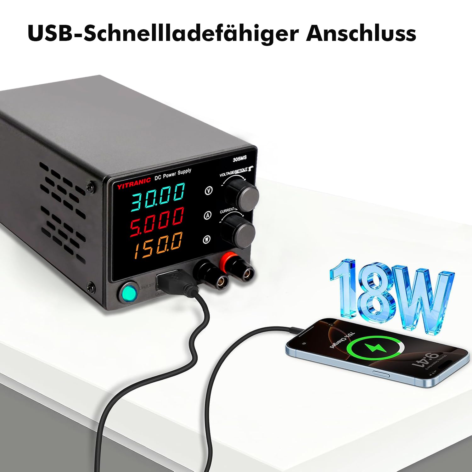 Labornetzteil DC, 0-30V 0-5A Regelbar, 4-stelliger LED-Anzeige Labornetzgerät mit QC18W USB Schnellladung, für Elektronik, Labor, Reparatur