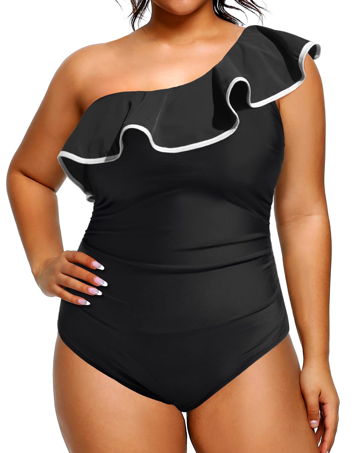 Aqua Eve Plus Size Bathing Suits for Women One Piece Swimsuits One Shoulder Ruffle Tummy Control Black and White Swimwear 20W
