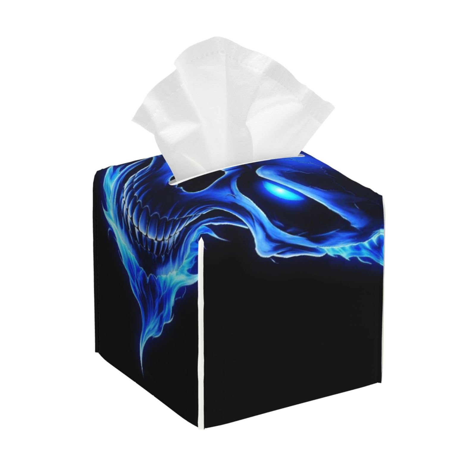 Skull Blue Fire Leather Tissue Box Cover Holder Square Facial Paper Organizer 5.2" X 5.2" X 5.2"