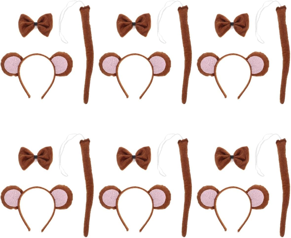 LUOZZY 6 Sets Halloween Monkey Ear Headband Bowtie and Tail for Cosplay Role-playing Halloween Costume Party Supplies (Brown)