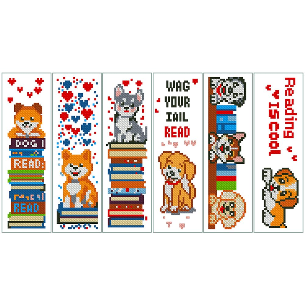 6 Pcs Dog and Book 11 CT DIY Stamped Cross Stitch Bookmark Kit for Book Lovers Starter Embroidery Bookmark Kit with Instruction 8x2.4inch