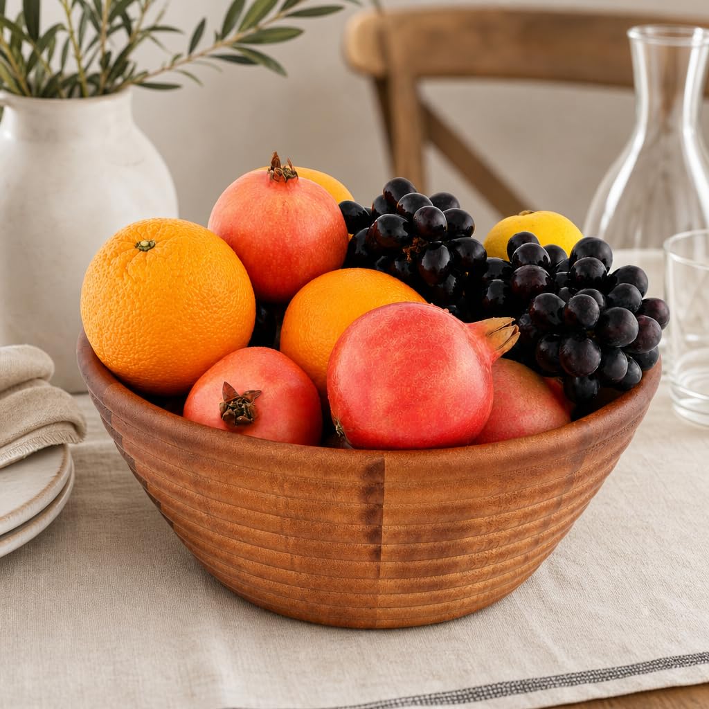 Arthur Court Ensaladera grande de madera de acacia estilo colmena, cuenco único para servir frutas, aperitivos y ensaladas, 5 pulgadas de alto x 12 pulgadas de diámetro