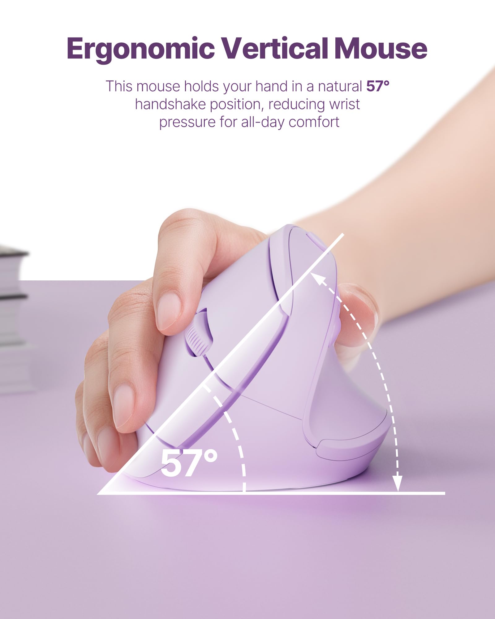 Ergonomische Maus, Kabellose Bluetooth Vertikale Maus mit Dual Verbindung (Bluetooth 5.0 & USB-A) Leise Ergo Maus für Windows Mac iPad OS PC Laptop Lila