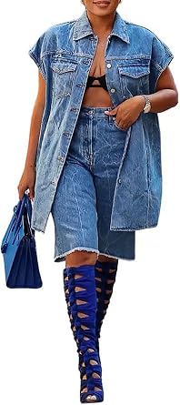 Seltaon Denim Jean Vest for Women Sleeveless Button Down Long Jean Jacket Oversized Denim Waistcoat Outerwear