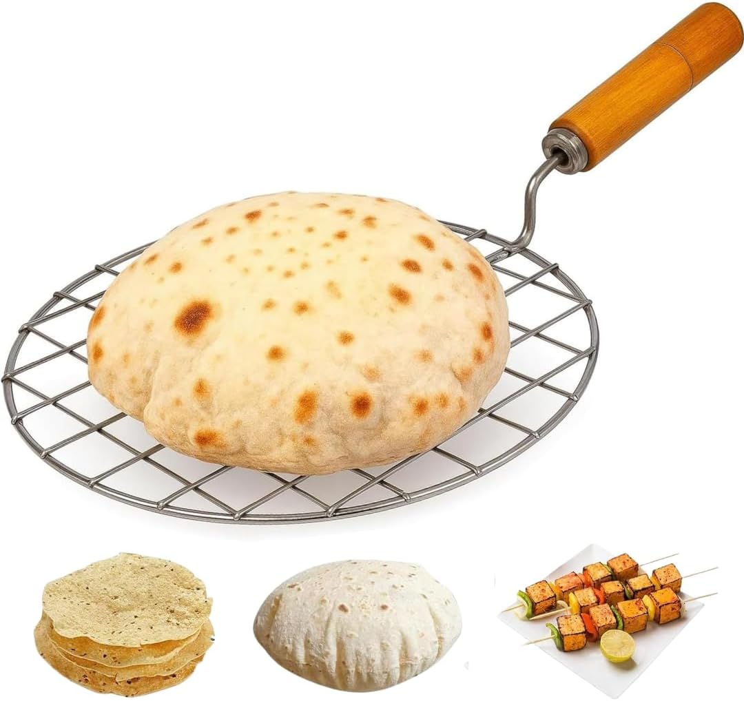 AnNafi® Phulka Roti Arepa Grill Chapati Maker Riser, Cooking Wire Rack for Gas Stove Top Roasting BBQ Barbecue Grilling Rack Mesh with Wooden Handle, Vegetable Papad Chili chicken Fish Corn Roaster