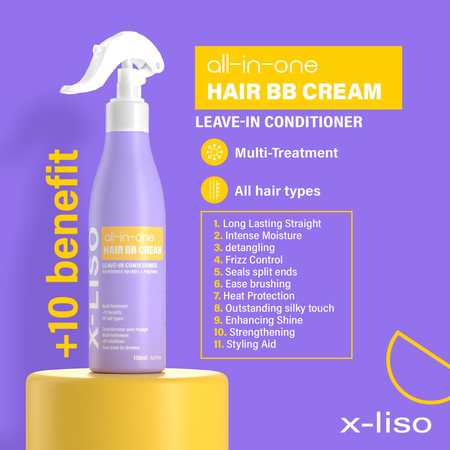 All-in-One Hair Conditioner BB Cream Leave-In Conditioner Spray – Hair Detangler with Keratin & Peptides – Anti Frizz & Heat Protectant for Hair – 11 Benefits in 1 for All Hair Types