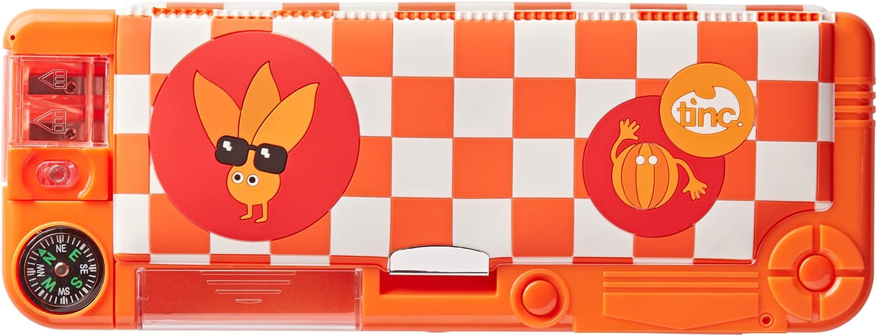Tinc Pop-Out Compartment School Pencil Case - Orange, Includes Pencil with Eraser Topper, Ballpoint Pen & 15cm Ruler - Secret Compartments with Push Button, One Size (SNPCOJAY)