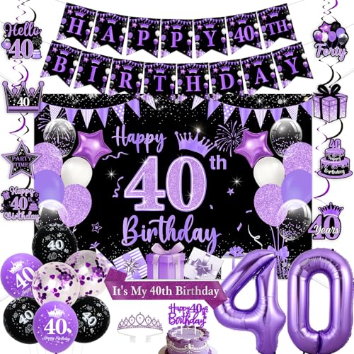 Decoración de cumpleaños 40 morado y negro con globos de número y remolinos para pared