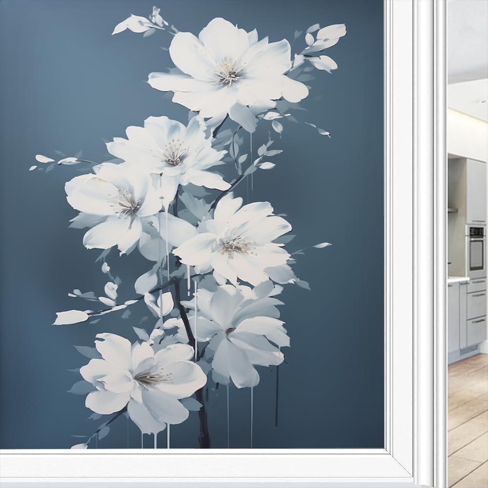 Watercolor Flowers Window Privacy Film Sticker Modern Natural Flowers Frosted Window Film Stained Glass Heat Control Coverings for Bathroom Living Room 23.6Wx35.4L inch