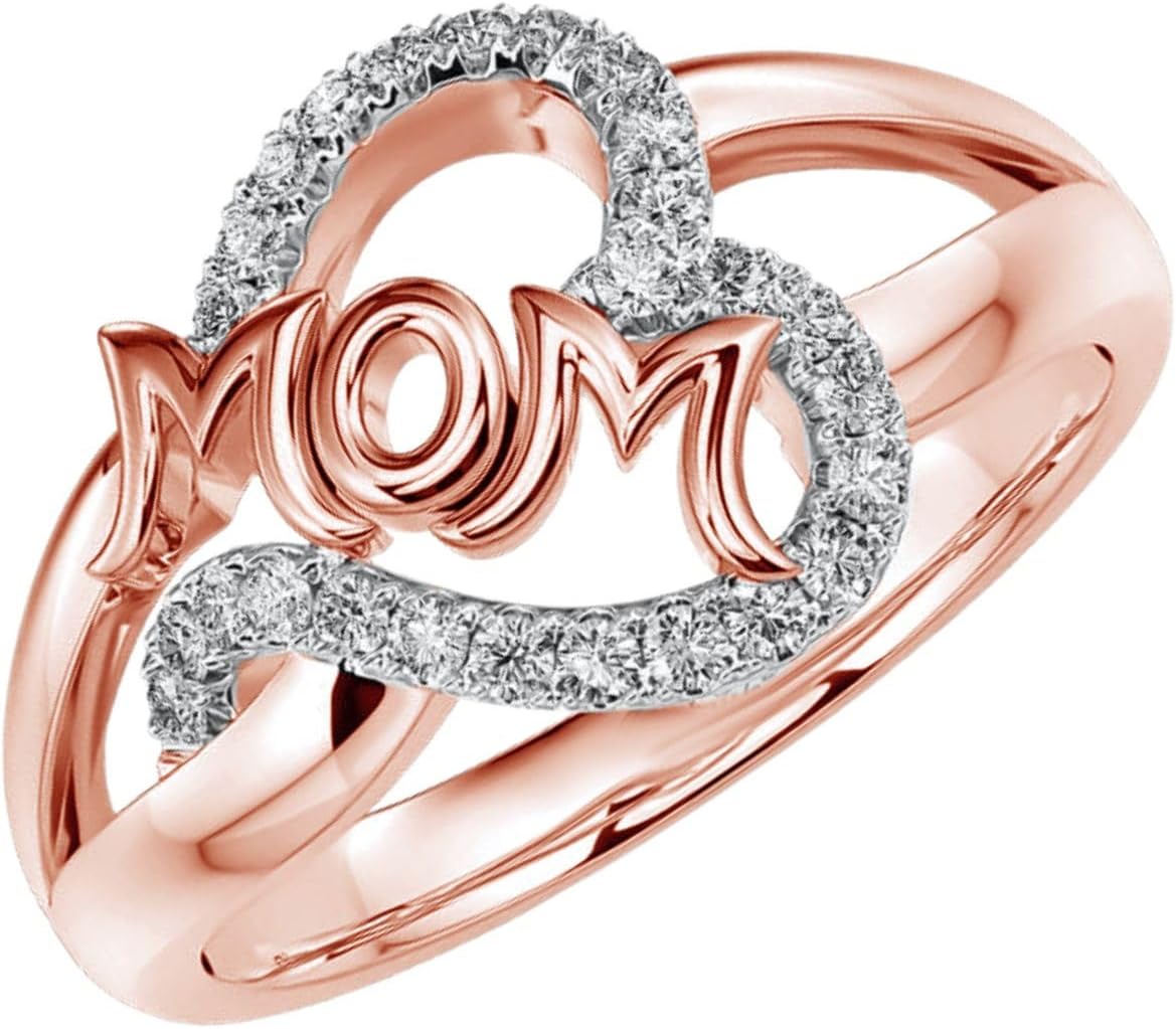 DEWBERRY 0.25 CT IGI Certified Round Cut Lab Grown Diamond Mom Heart Ring 14K Solid White, Yellow & Rose Gold Split Shank Mothers Day Gift Ring For Mom (Color : FG, Clarity : VS) Size 4-11