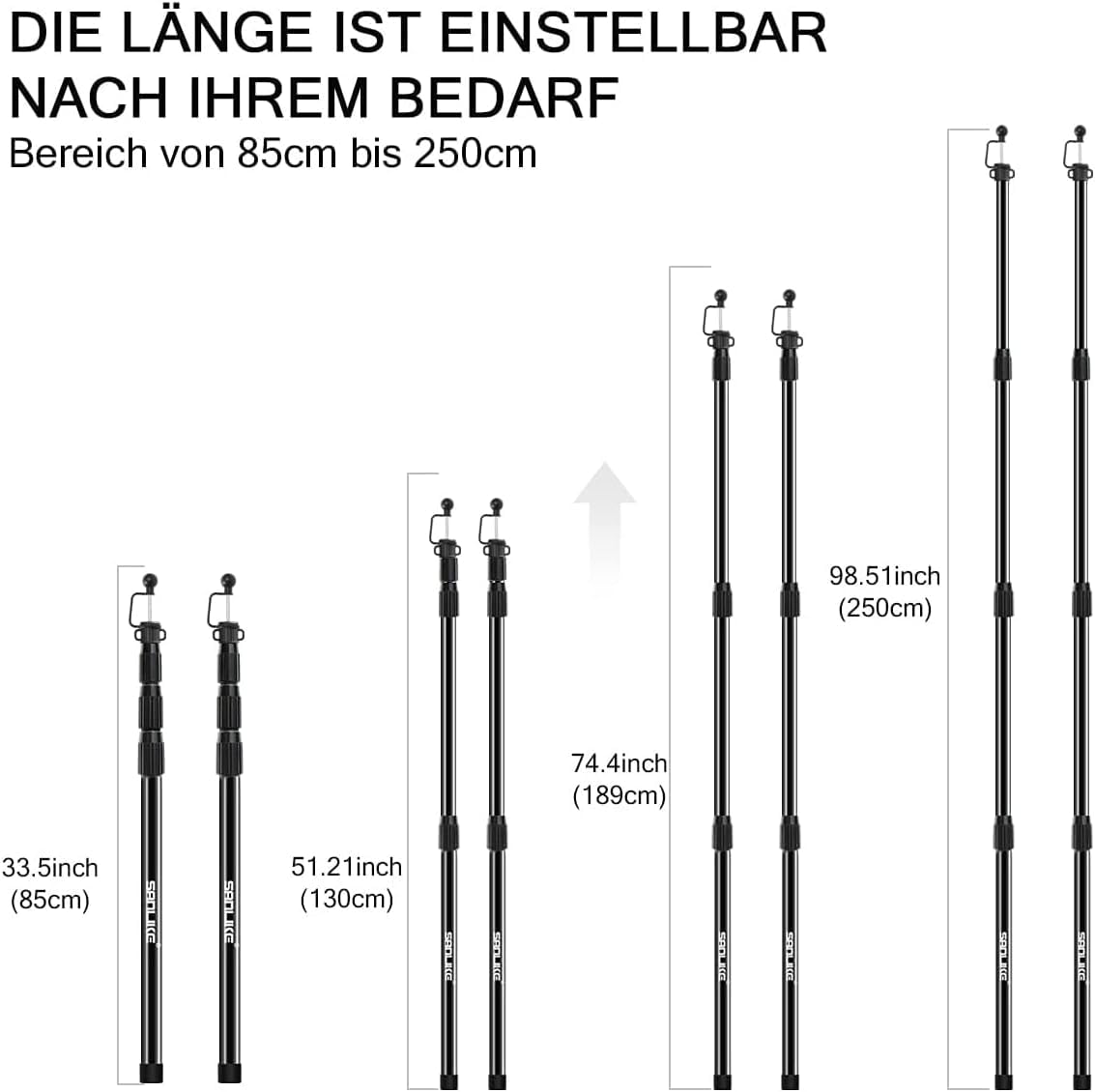 Lot De 2 Mâts Télescopiques 85-250 Cm – Alliage Aluminium, Pliables, Légers, Pour Tentes, Voiles D'ombrage, Camping, Jardin