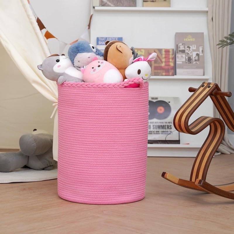 Image of SHAGCRAFT Storage Rope Laundry Hamper Basket for Clothes, Towels and Blankets in Livingroom, Bedroom, Laundry Room and Basket for Nursery Storage (Size - 14 inch x 14 inch x 16 inch) (Pink Zig Zag)