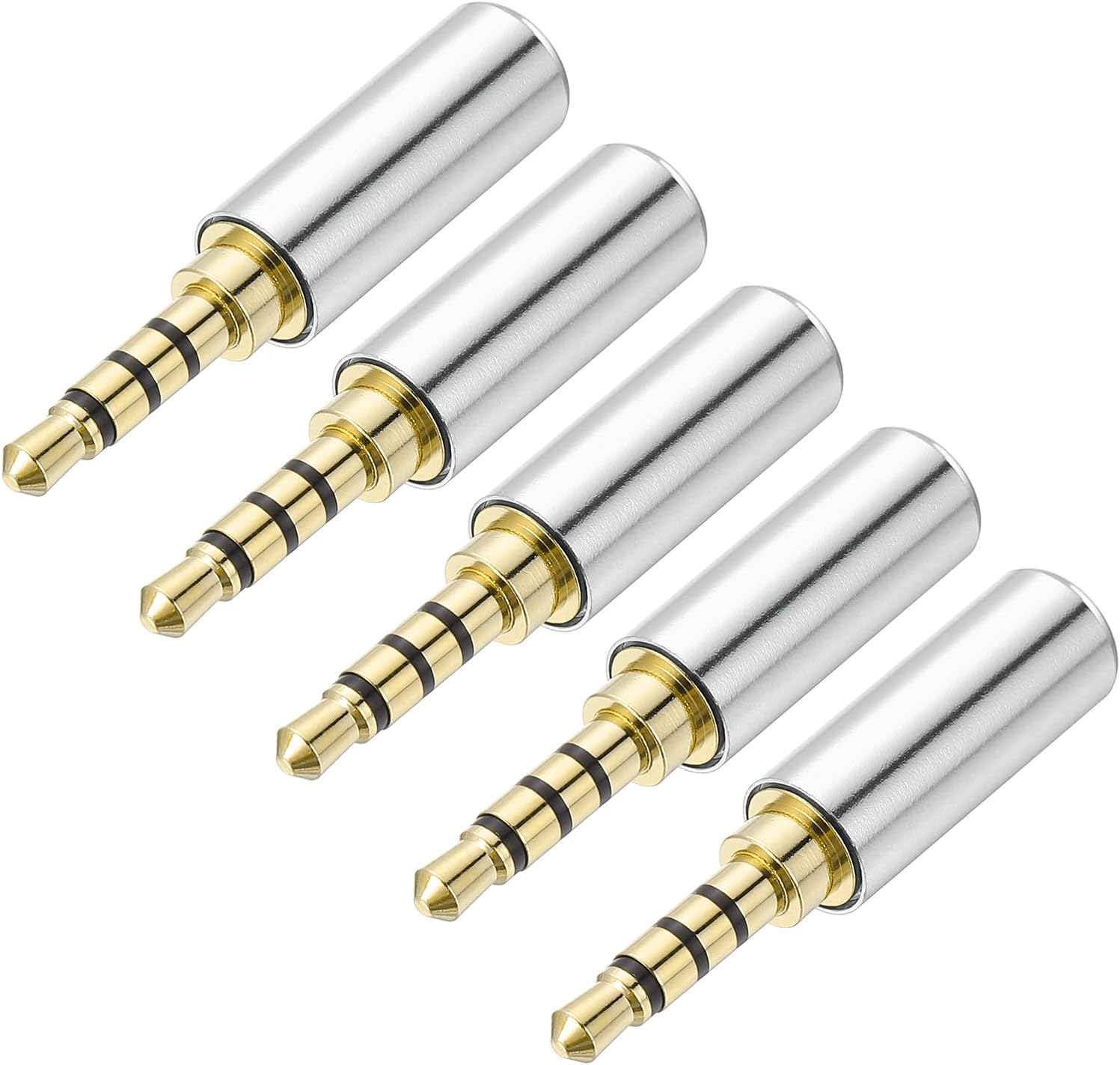 MECCANIXITY 5Pcs 3.5mm Replacement Repair Plug Jack, 4 Pole Metal Stereo Male Plug 3.5mm Solder DIY Audio Cable Connector for Headphone Earphone Microphone Cable Repair, Bright Silver