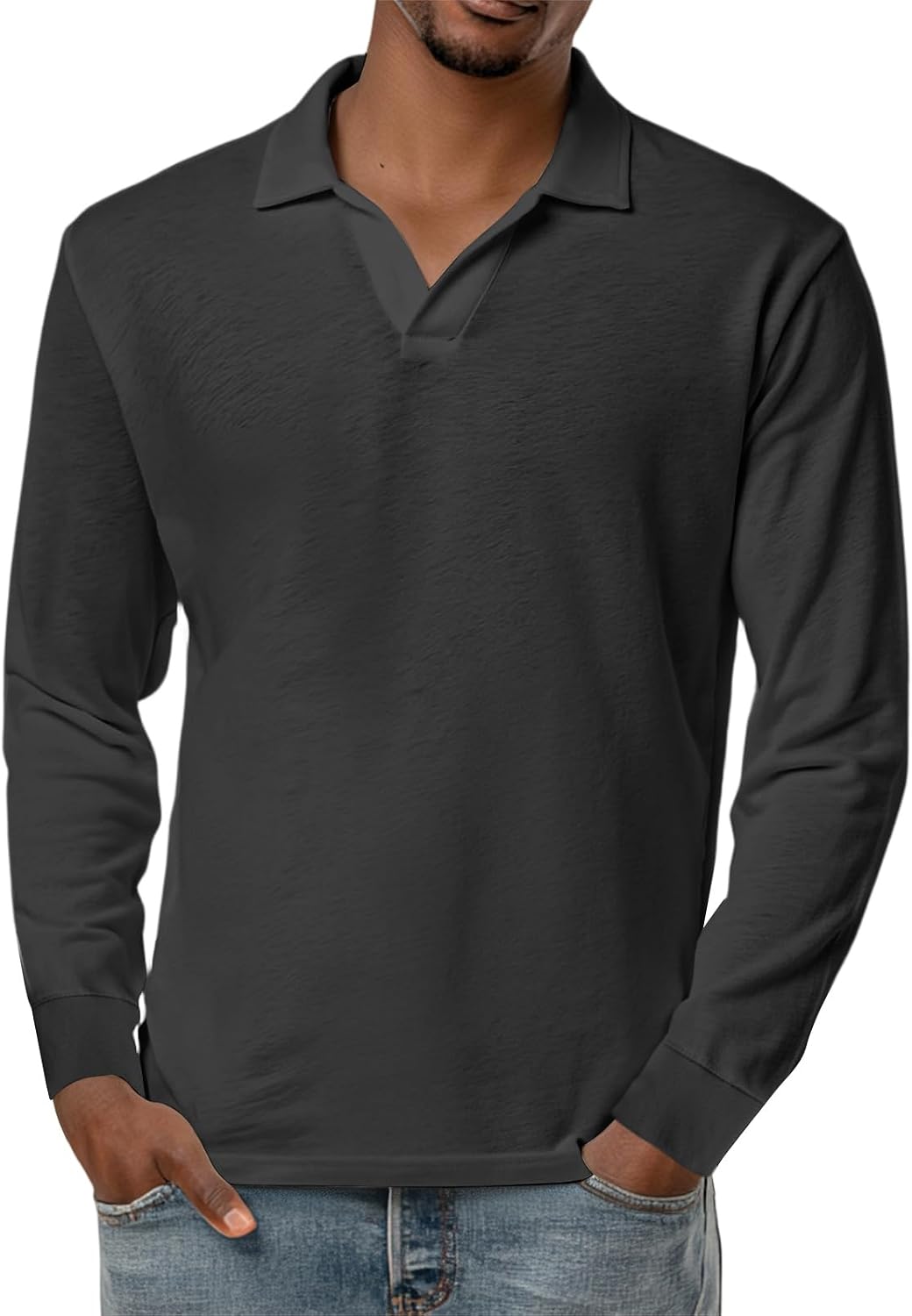 Ymosrh Men's Polo Shirt Long Sleeve, Basic V Neck Casual Sports Athletic Collar Shirt, M-3XL